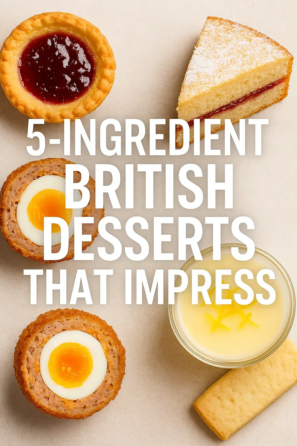 Flat lay of four classic British desserts—jam tart, Victoria sponge, Scotch egg, and lemon posset—surrounding bold white text that reads ‘5-Ingredient British Desserts That Impress’ on a neutral beige background.