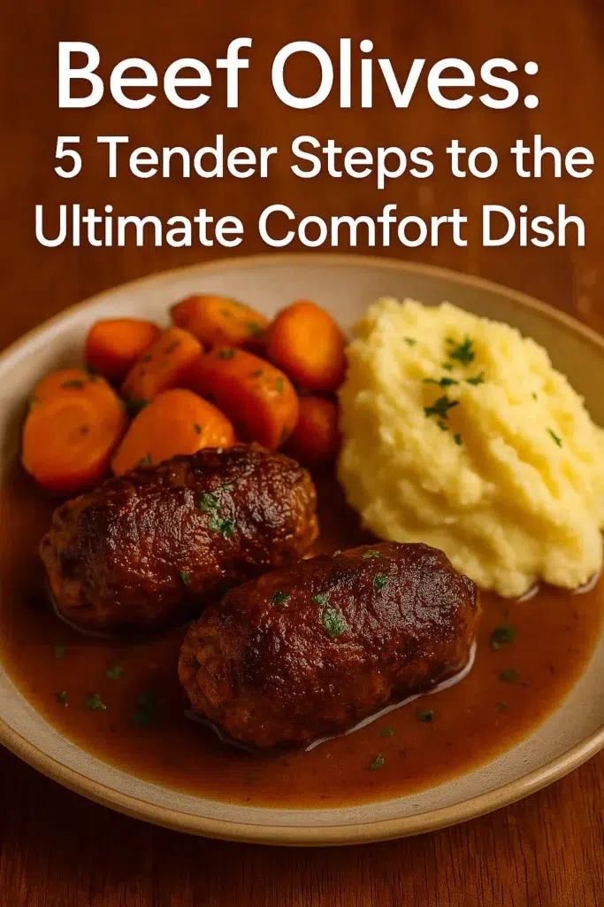 Plate of beef olives in rich gravy served with mashed potatoes and glazed carrots, with bold white text reading ‘Beef Olives: 5 Tender Steps to the Ultimate Comfort Dish’