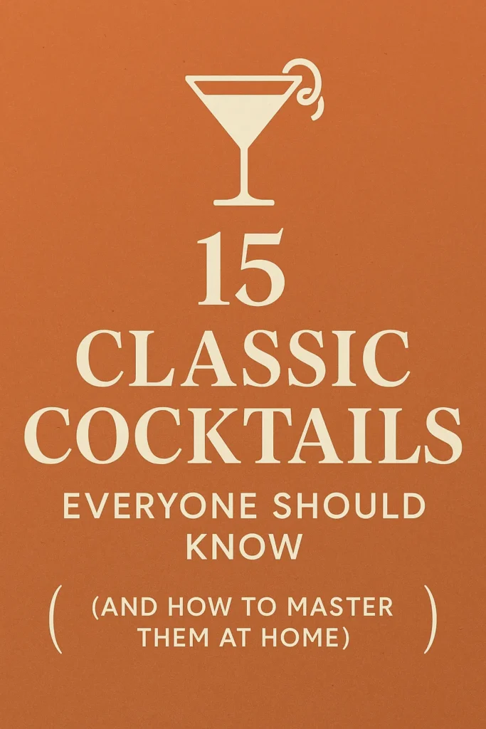 Retro-style thumbnail with bold text reading ‘15 Classic Cocktails Everyone Should Know (And How to Master Them at Home)’ on a warm orange background with a white martini glass icon.