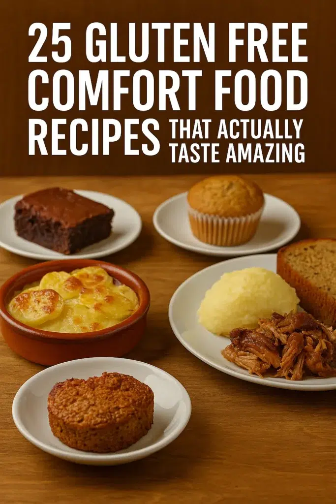 A warm-toned digital image of gluten free comfort food, including mashed potatoes, pulled pork, potato gratin, a brownie, a muffin, and banana bread, with bold overlaid text reading ‘25 Gluten Free Comfort Food Recipes That Actually Taste Amazing’.