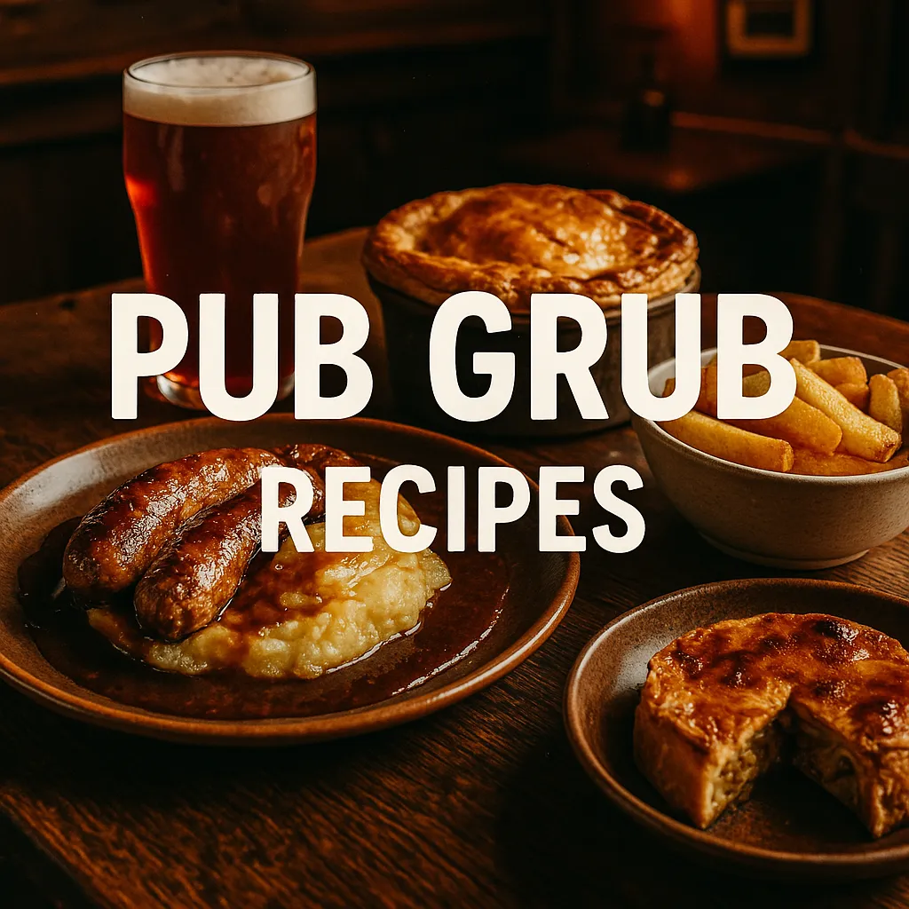 Overhead shot of classic British pub food including bangers and mash, steak and ale pie, chips, and a pint of beer on a rustic wooden table with bold text reading ‘Pub Grub Recipes’.