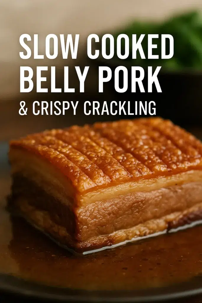 Close-up of slow cooked belly pork with perfectly crisp crackling, resting in a pool of rich pan juices, with bold overlaid text reading ‘Slow Cooked Belly Pork & Crispy Crackling’