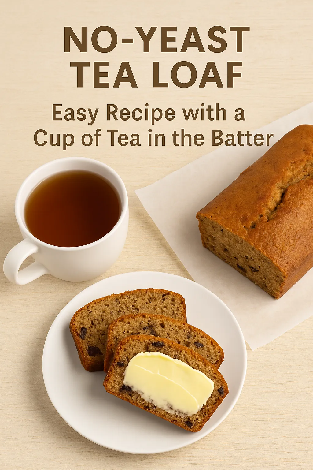 Thumbnail showing a freshly baked no-yeast tea loaf with two sliced pieces, one buttered, beside a cup of tea on a beige table