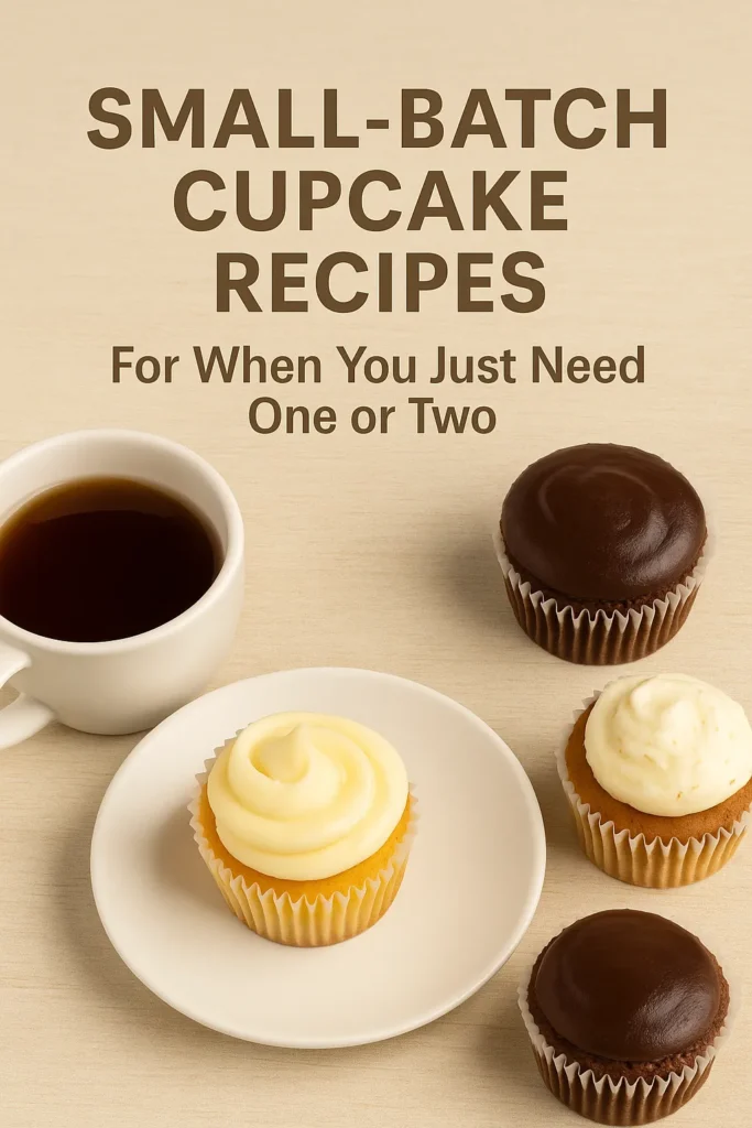 humbnail showing three small-batch cupcakes with frosting and a cup of black coffee, highlighting a cosy, minimal baking setup.
