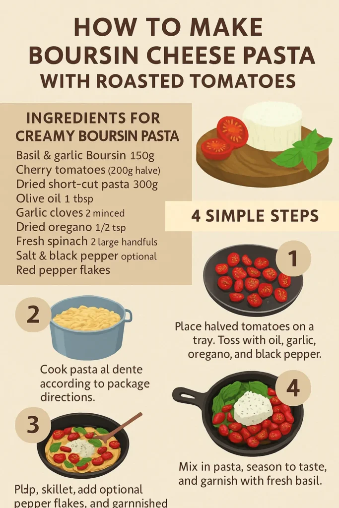 Step-by-step infographic showing how to make creamy Boursin cheese pasta with roasted garlic, spinach, and TikTok-inspired baked method.