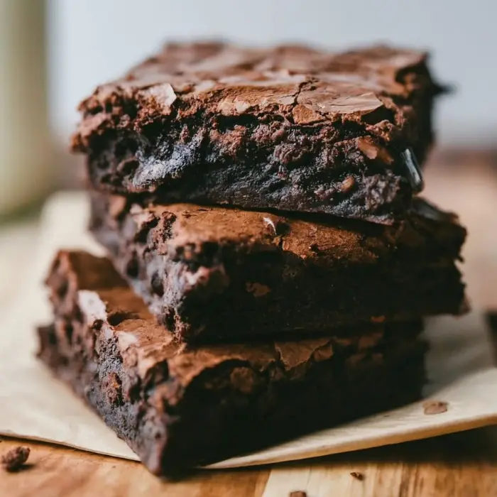 Close-up of rich, fudgy Mary Berry brownies stacked on parchment paper, showcasing a crackly top and gooey chocolate centre.