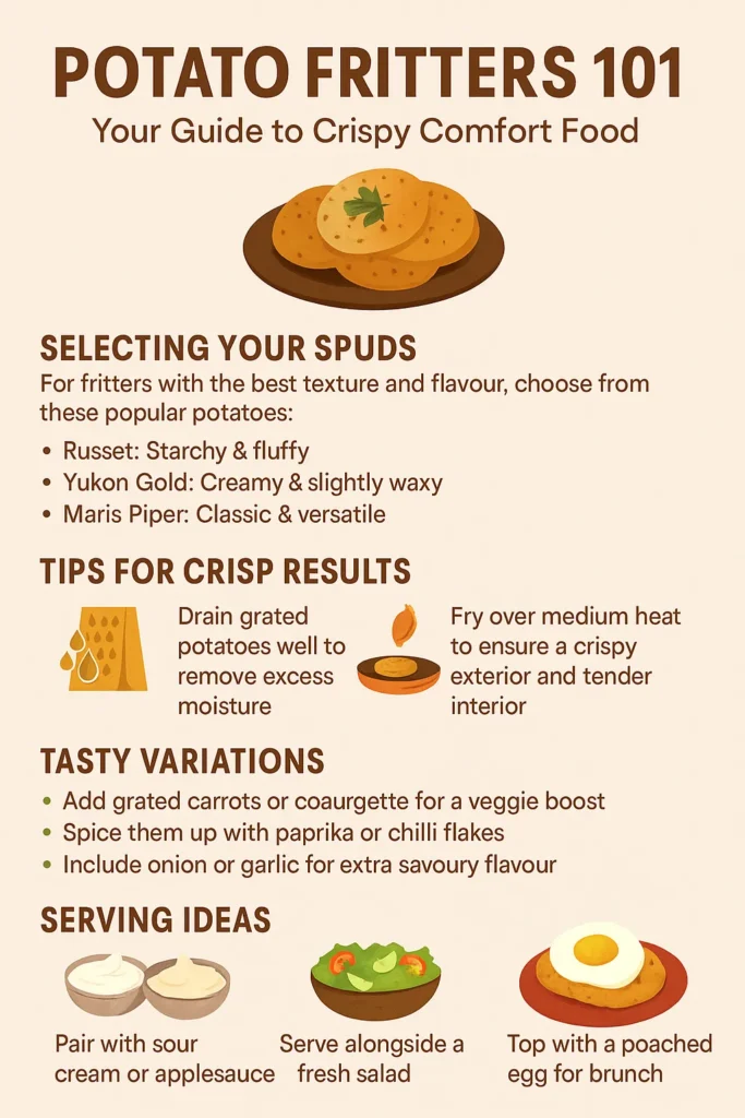 An infographic titled 'Potato Fritters 101' showcasing key tips, variations, and serving ideas for making crispy and flavourful potato fritters.