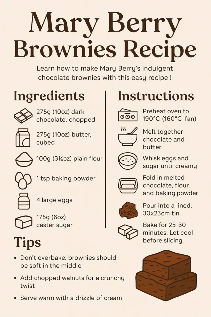 Infographic showing step-by-step how to make Mary Berry brownies, including ingredients and baking tips.