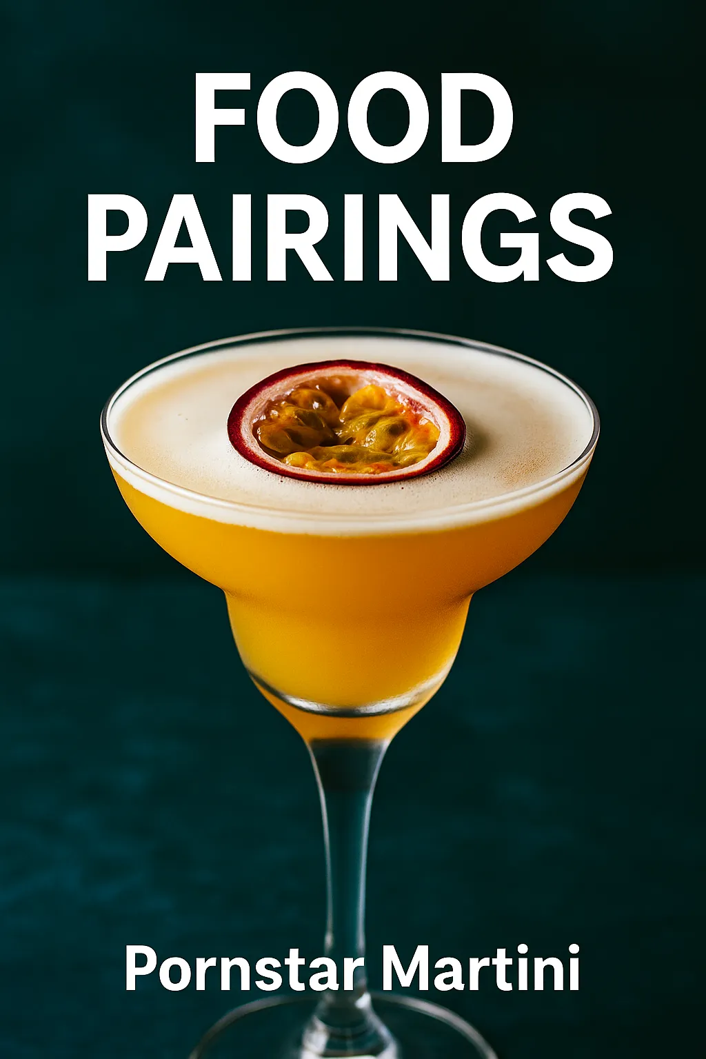 Close-up of a Pornstar Martini cocktail garnished with passion fruit, with bold text overlay highlighting food pairing suggestions on a moody teal background.