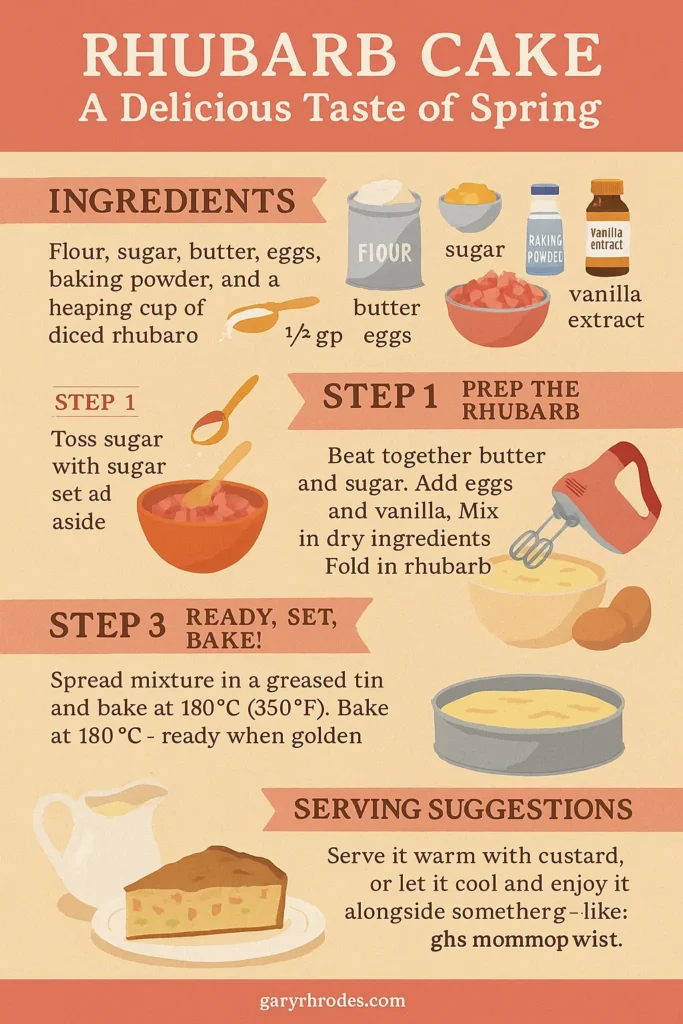 Infographic showing a step-by-step guide to baking a classic rhubarb cake, featuring ingredients, baking tips, and flavour pairing ideas.