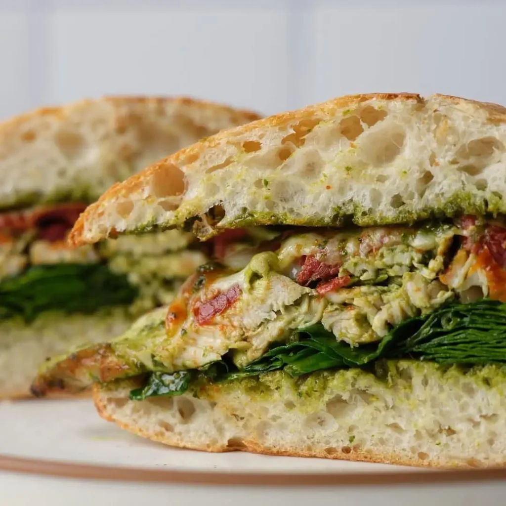Close-up of a gourmet chicken club sandwich with grilled chicken breast, fresh spinach, sun-dried tomatoes, and a generous spread of green pesto, layered inside airy, crusty ciabatta bread. Chicken Club Sandwich Variations