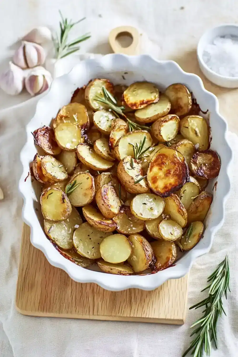 Golden, crispy Parmentier potatoes baked with rosemary and garlic, served in a white dish on a wooden board. Parmentier potatoes recipe