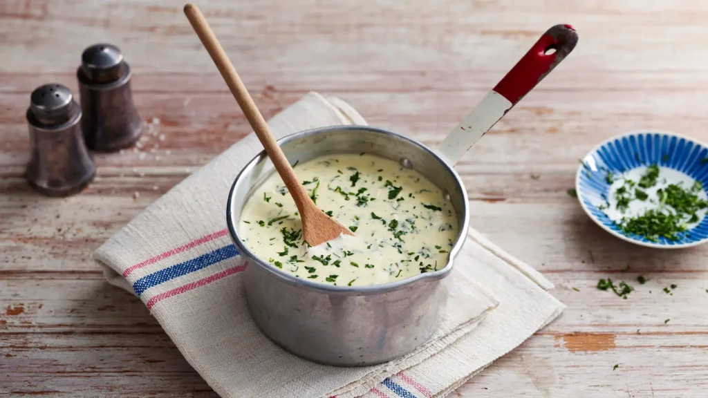 "Creamy parsley sauce in a small metal saucepan with a wooden spoon, topped with freshly chopped parsley, placed on a folded kitchen towel on a rustic wooden table."