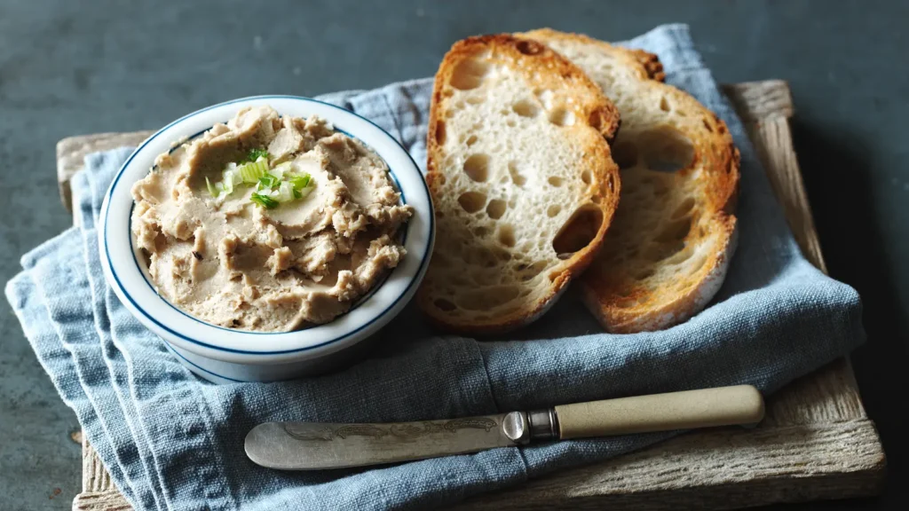 Creamy smoked mackerel pâté served in a rustic bowl, garnished with fresh herbs and lemon wedges, perfect for spreading on crusty bread.