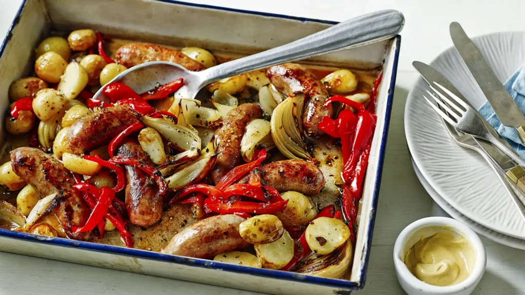Sausage Tray Bake with Honey Mustard Glaze served in a roasting tin with golden baby potatoes, caramelised onions, sweet red peppers, and a side of creamy mustard, perfect for a hearty midweek dinner.