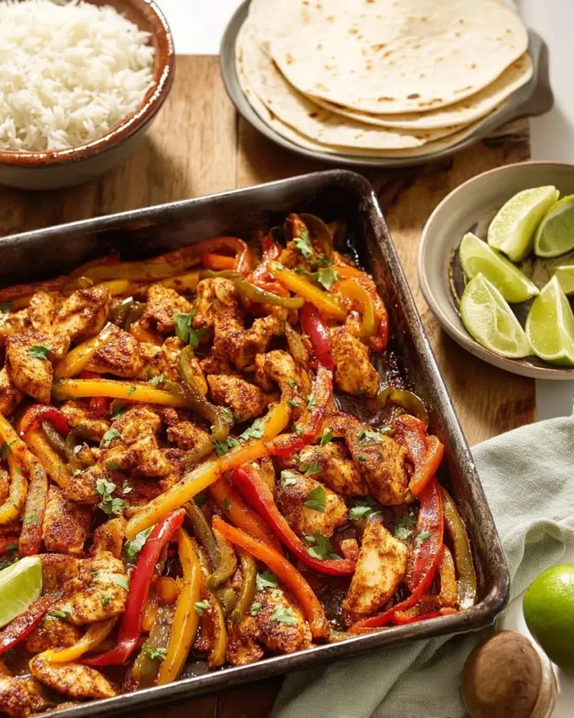 Sheet pan fajitas with sliced bell peppers and red onions, seasoned and roasted, served with lime wedges on the side."