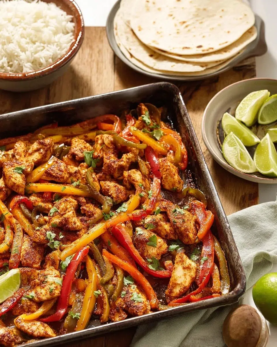Sheet pan fajitas with sliced bell peppers and red onions, seasoned and roasted, served with lime wedges on the side."
