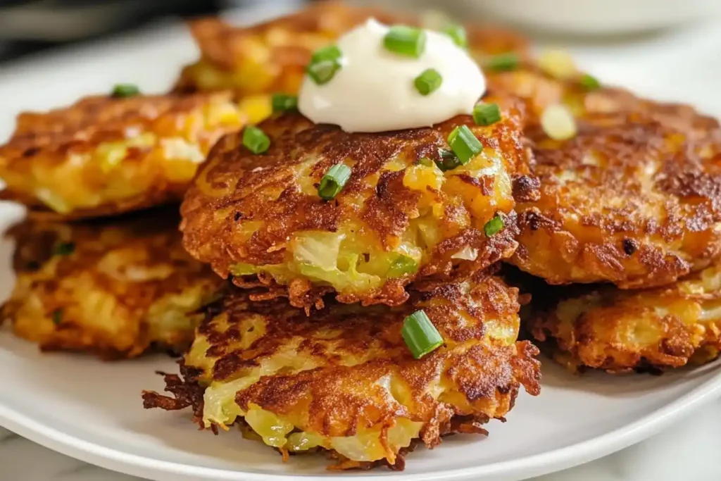 Golden, crispy potato fritters served on a white plate, topped with sour cream and fresh chopped chives — perfect inspiration for anyone wondering what to serve with potato fritters.